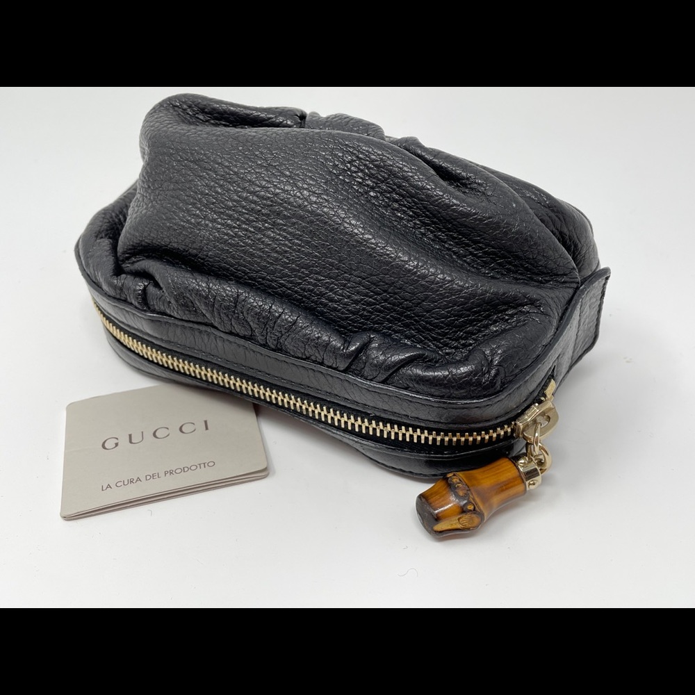 Gucci black leather pouch with bamboo zipper pull